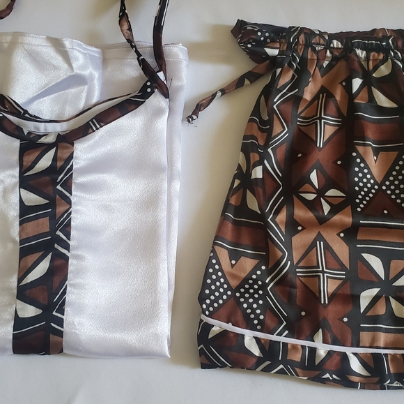 Silk African Print Sleepwear White BLK Brown Size L - Picture 8 of 8